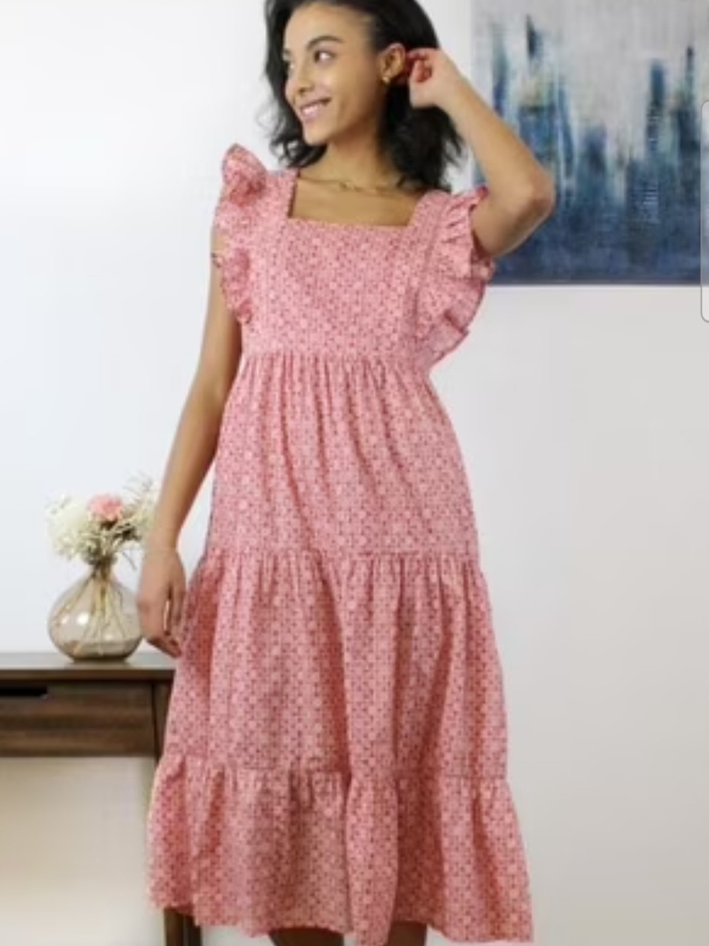 beachlunchlounge Pink Floral Tiered Maxi Dress with Ruffled Sleeves